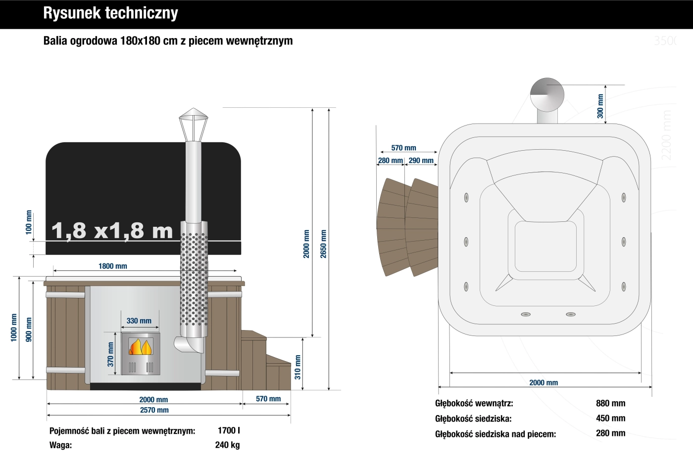 Rysunek techniczny balii ogrodowej z piecem wewnetrznym 180x180 cm