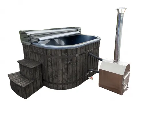 Garden hot tub with outdoor stove - gray smoked wood