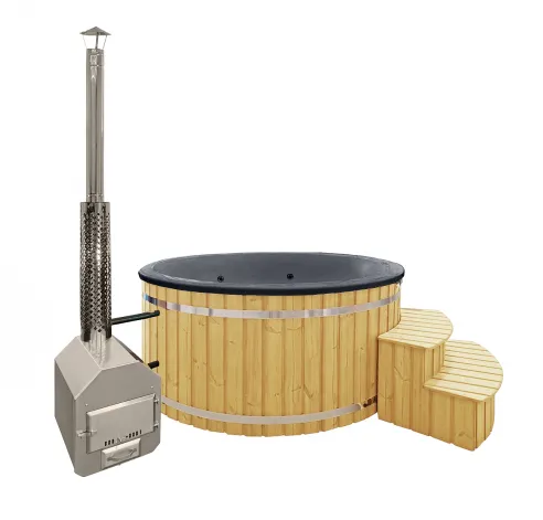 Garden hot tub with an outdoor stove - spruce wood painted light oak