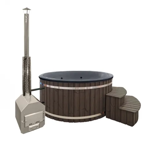 Garden hot tub with an outdoor stove - spruce wood painted smoke gray