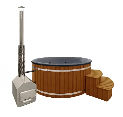 Garden hot tub with an outdoor stove - spruce wood painted chestnut